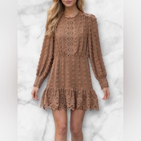 Just Me Dresses & Skirts - Just Me Boho Swiss Dot Crochet Lace Ruffled Hem Party Mini Dress Cognac Size M